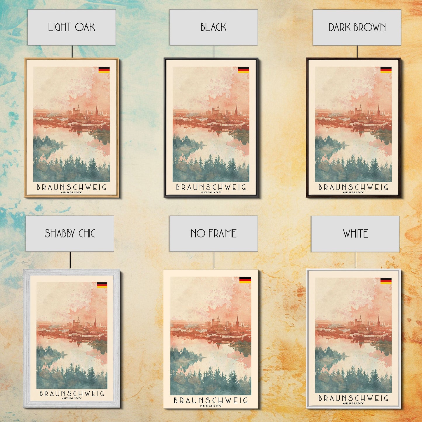 Braunschweig Germany Travel Poster Framed Canvas Print, Cityscape Art, Wall Decor, Travel Print, Watercolor Painting, Urban Scene Art