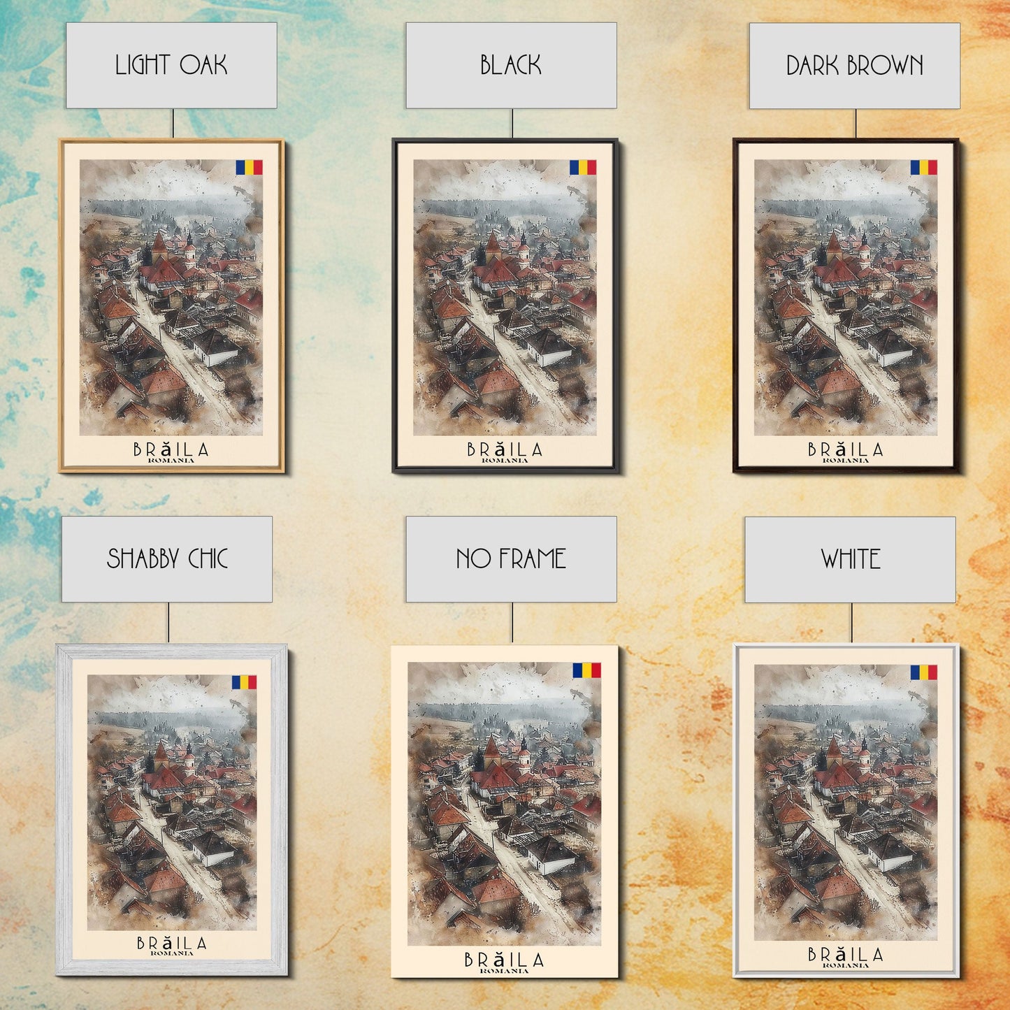 Brăila Romania Travel Poster Framed Canvas Print, Cityscape Art, Wall Decor, Travel Print, Watercolor Painting, Rustic Scene Art