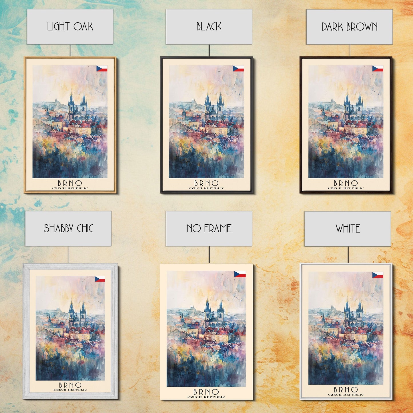 Brno Czech Republic Travel Poster Framed Canvas Print, Cityscape Art, Wall Decor, Travel Print, Watercolor Painting, Boho Style Art