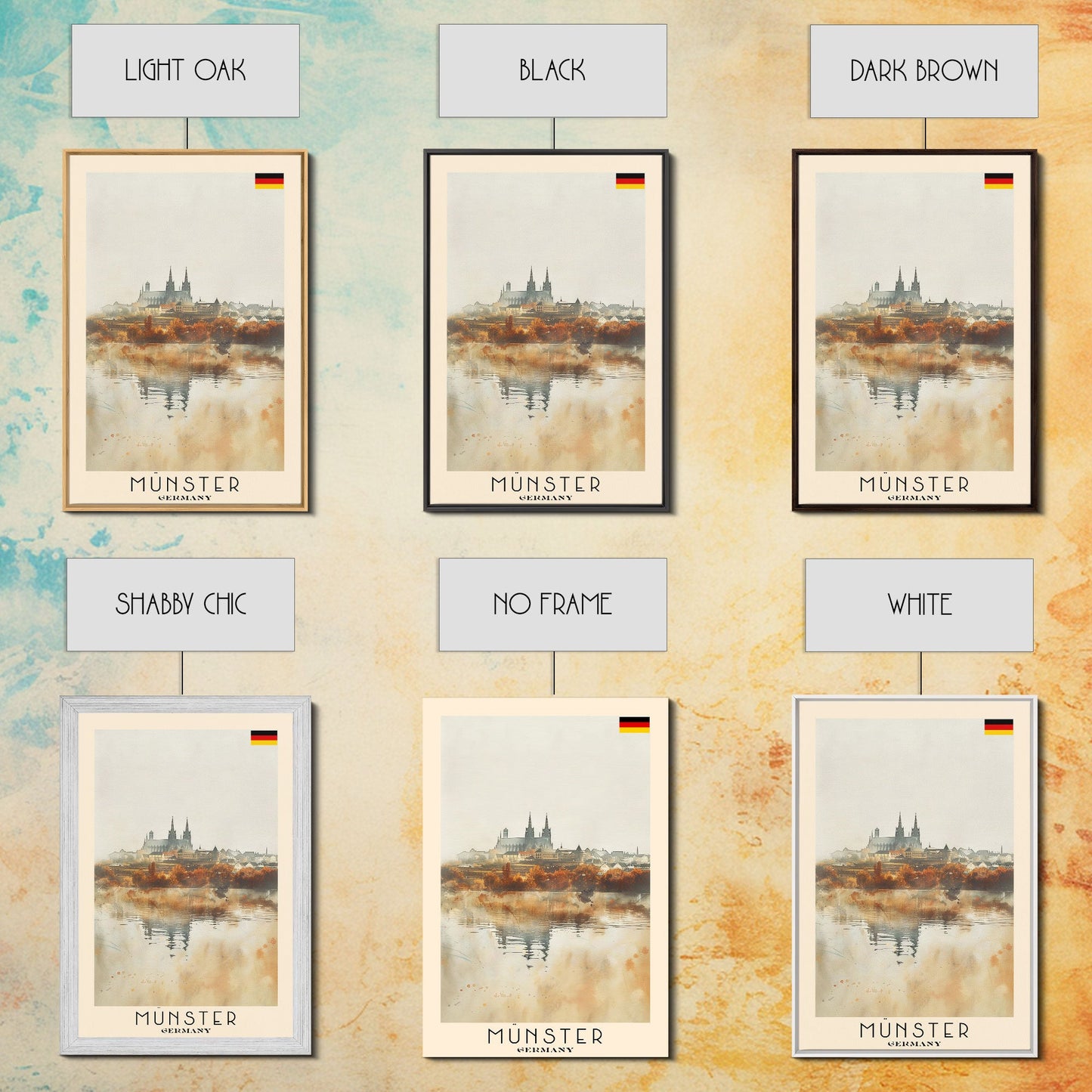 Münster Germany Travel Poster Framed Canvas Print, Historic Architecture, Watercolor Painting, Wall Art, Interior Design, Travel Print, Unique Art