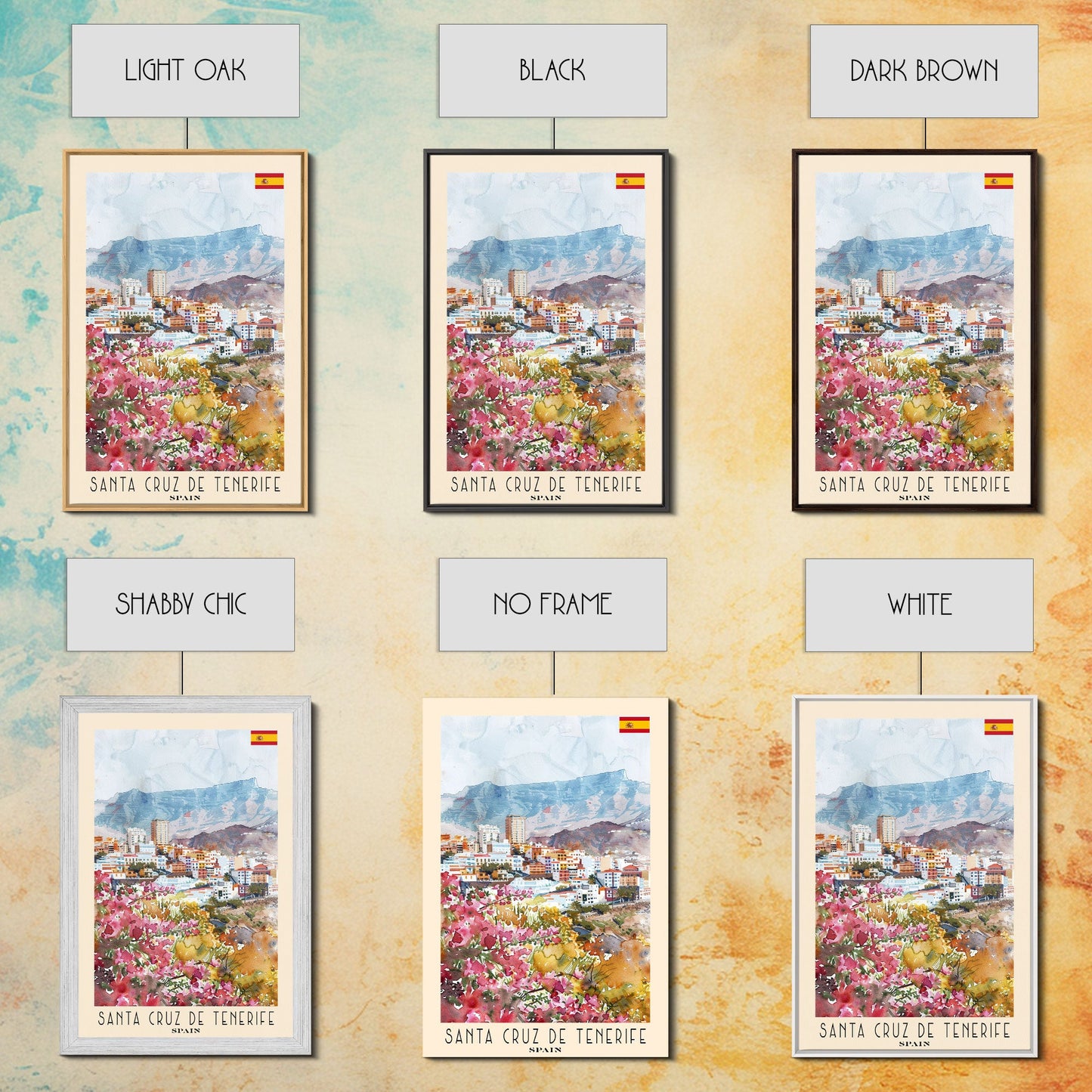 Santa Cruz de Tenerife Spain Travel Poster Framed Canvas Print, Watercolor Painting, Scenic Wall Art, Home Decor, Spanish Landscape, Modern Art