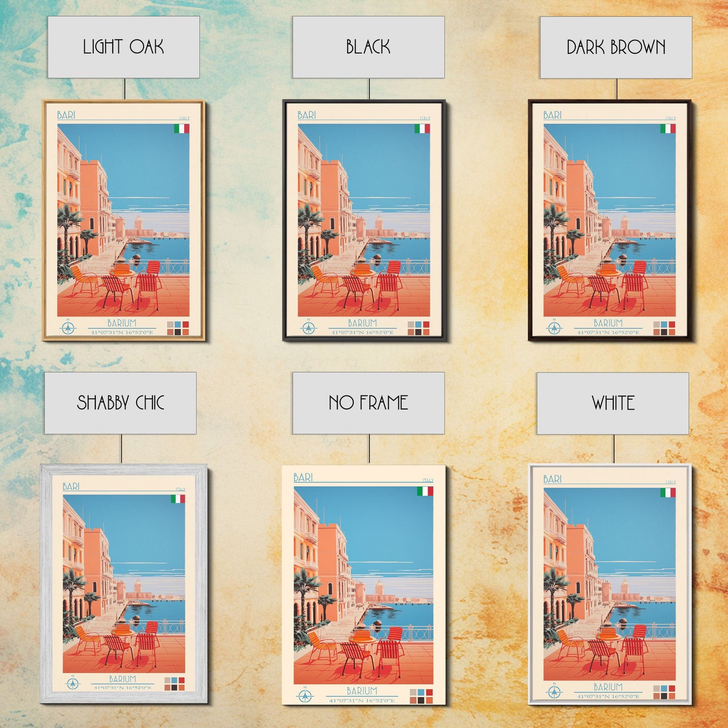 Bari Italy Travel Poster Framed Canvas Print, Midcentury Modern Art, Pop Art Wall Decor, Home Decor, Vacation Gift, Living Room Art