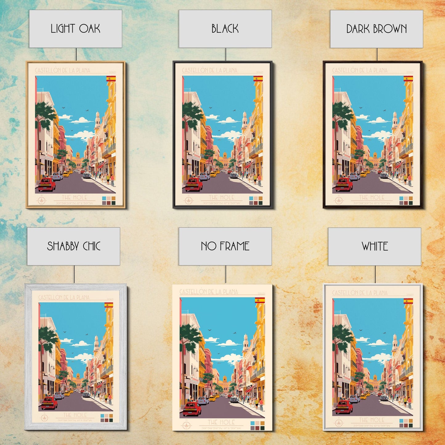 Castellón de la Plana Spain Travel Poster Framed Canvas Print, Midcentury Modern Art, Pop Art Wall Decor, Home Decor, Vacation Gift, Living Room Art