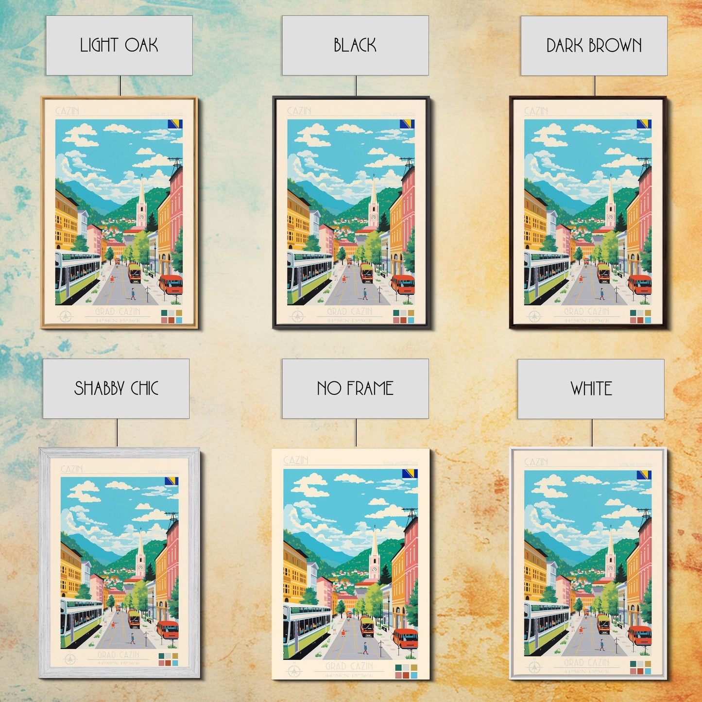 Cazin Bosnia and Herzegovina Travel Poster Framed Canvas Print, Midcentury Modern Art, Pop Art Wall Decor, Home Decor, Living Room Art