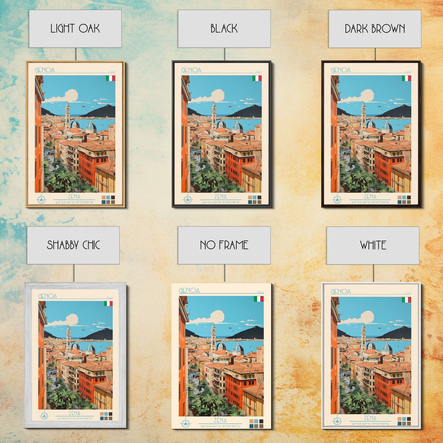 Genoa Italy Travel Poster Framed Canvas Print, Midcentury Modern Art, Pop Art Wall Decor, Scenic Wall Art, Living Room Decoration, Office Gift