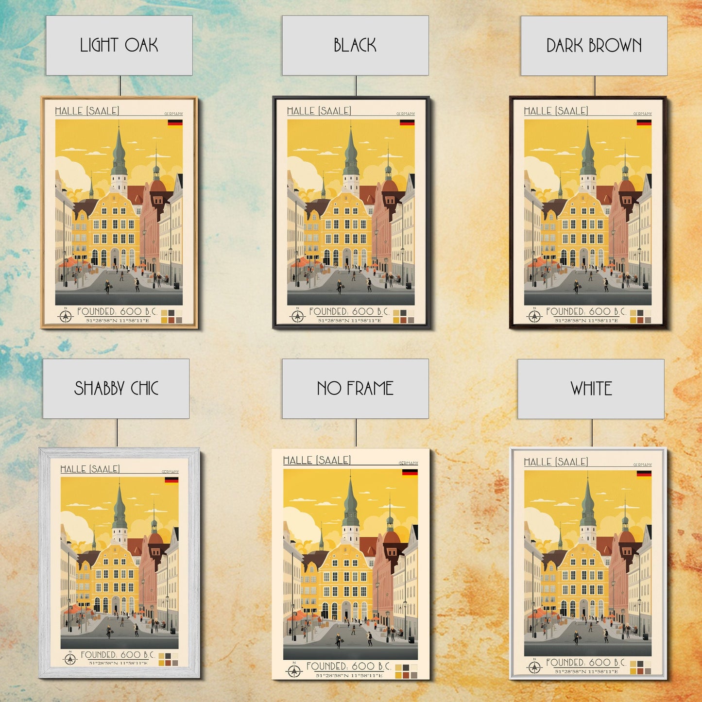 Halle Germany Travel Poster Framed Canvas Print, Midcentury Modern Art, Pop Art Wall Decor, Scenic Living Room Art, Bedroom Decor