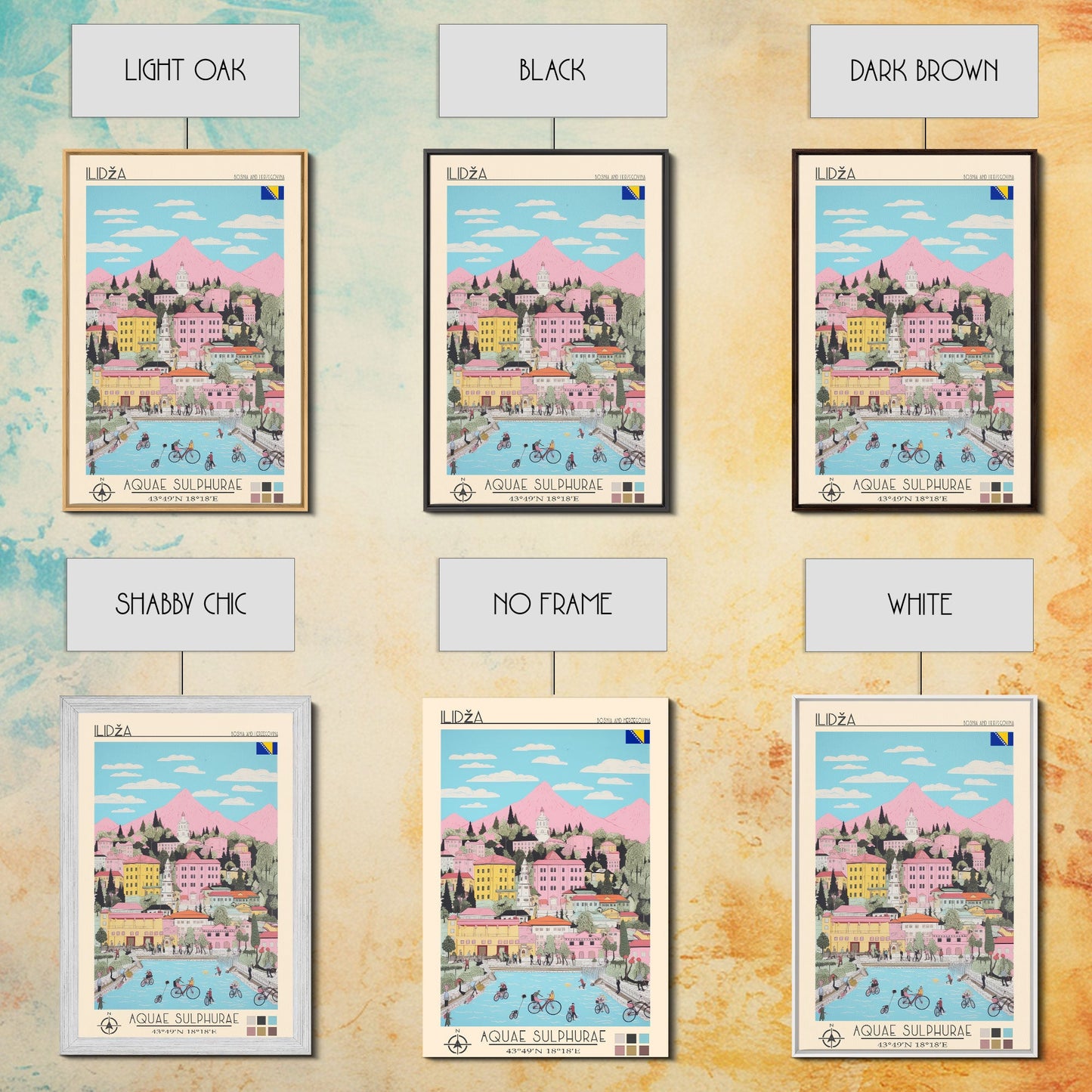 Ilidža Bosnia and Herzegovina Travel Poster Framed Canvas Print, Midcentury Modern Art, Pop Art Wall Decor, Scenic Wall Art, Bedroom Decoration