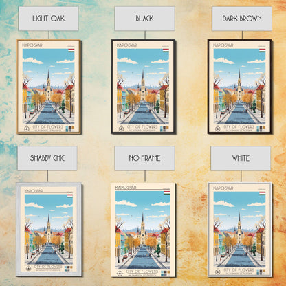 Kaposvár Hungary Travel Poster Framed Canvas Print, Midcentury Modern Art, Pop Art Wall Decor, Scenic Bedroom Art, Office Decoration