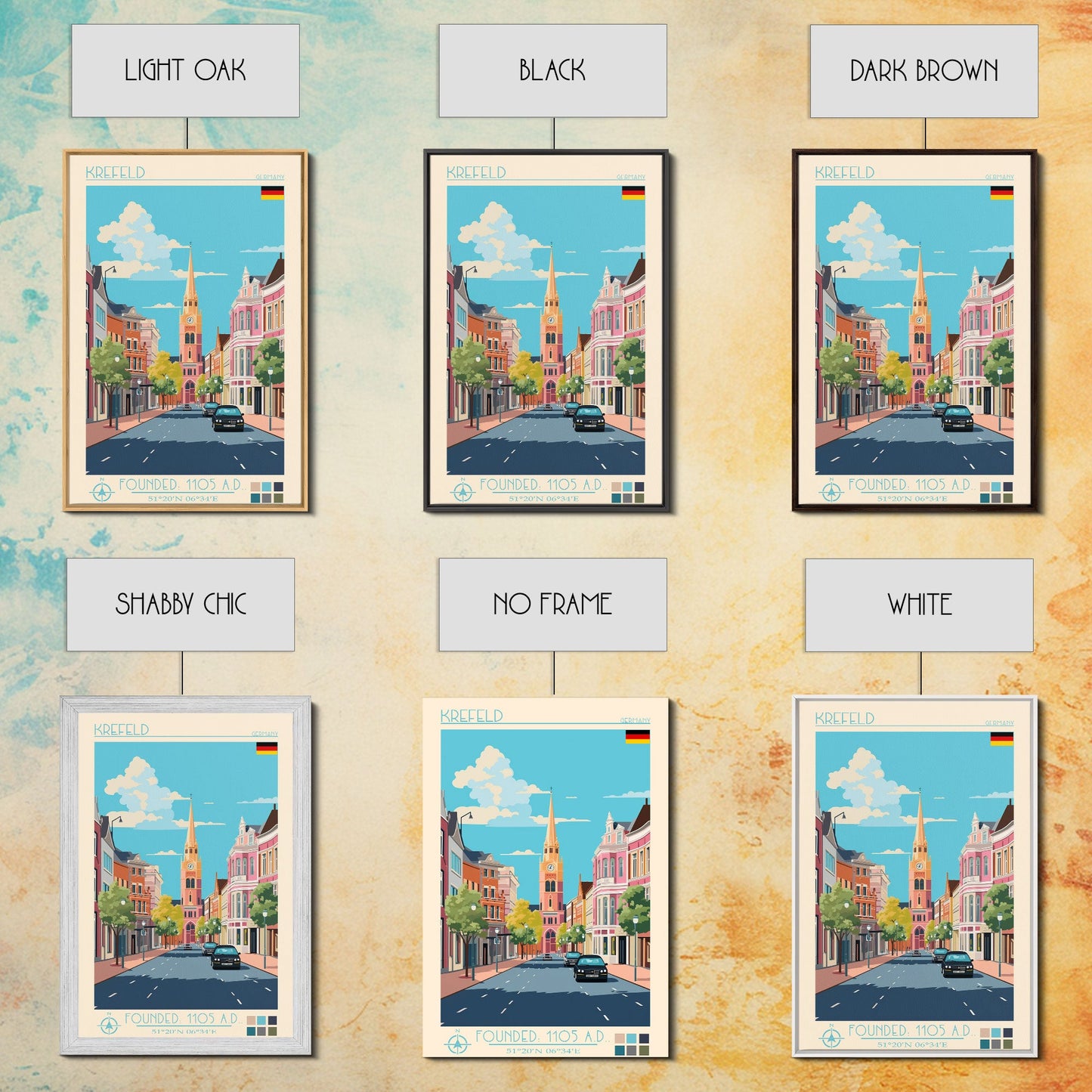 Krefeld Germany Travel Poster Framed Canvas Print, Midcentury Modern Art, Pop Art Wall Decor, Scenic Living Room Art, Bedroom Decor