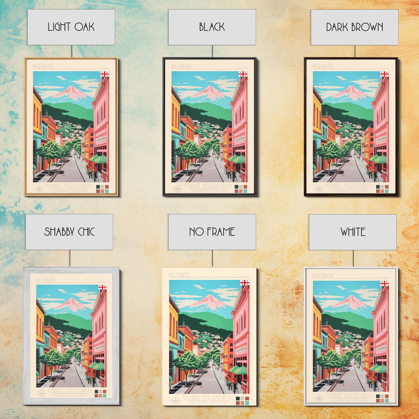 Kutaisi Georgia Travel Poster Framed Canvas Print, Midcentury Modern Art, Pop Art Wall Decor, Scenic Living Room Art, Bedroom Decor