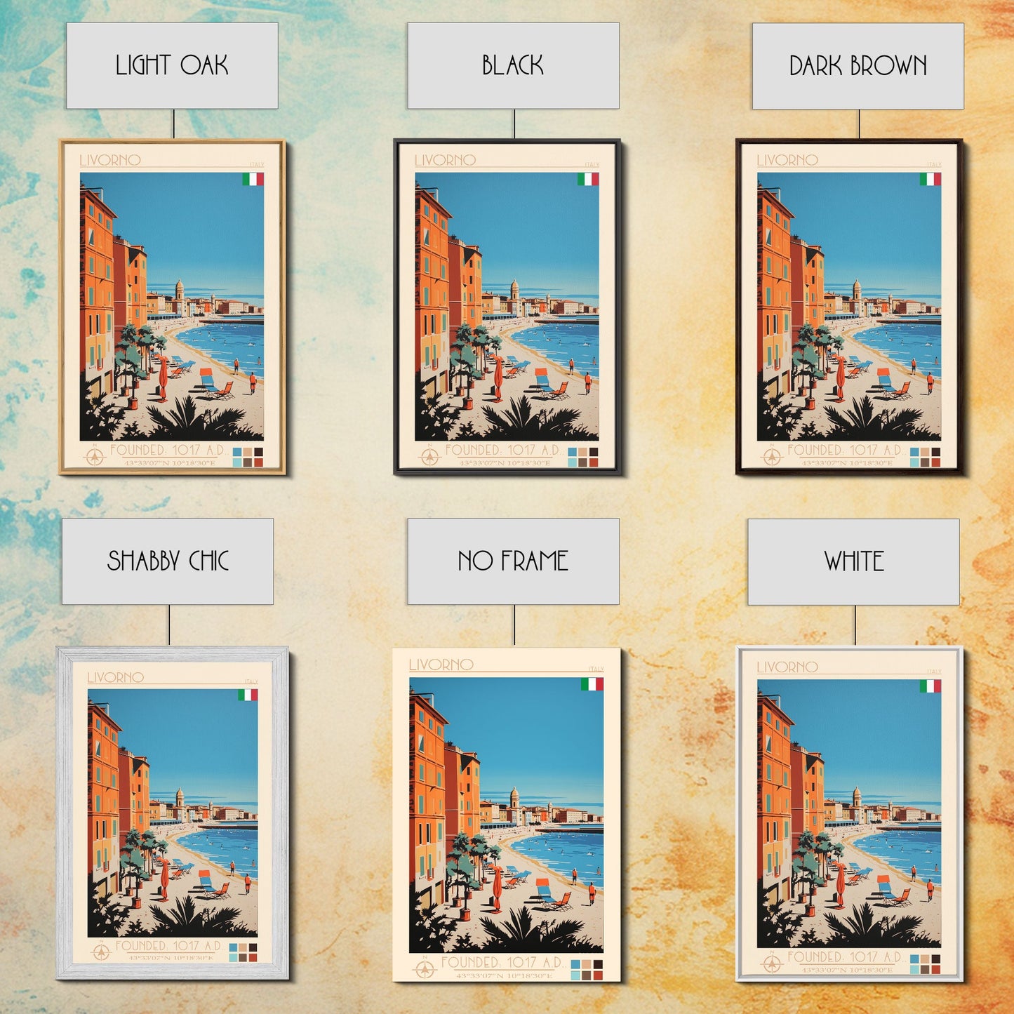 Livorno Italy Travel Poster Framed Canvas Print, Wall Decor, Midcentury Modern Art, Pop Art, Scenic Art for Bedroom and Office