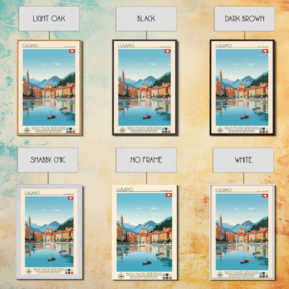 Lugano Switzerland Travel Poster Framed Canvas Print, Midcentury Modern Art, Pop Art Wall Decor, Scenic Art, Bedroom and Living Room Decor