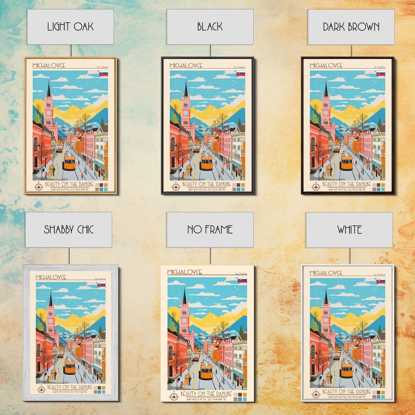 Michalovce Slovakia Travel Poster Framed Canvas Print, Midcentury Modern Art, Pop Art Wall Decor, Scenic Wall Art, Living Room Decoration, Office Art