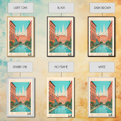 Milan Italy Travel Poster Framed Canvas Print, Midcentury Modern Art, Pop Art Wall Decor, Scenic Bedroom Art, Office Decoration