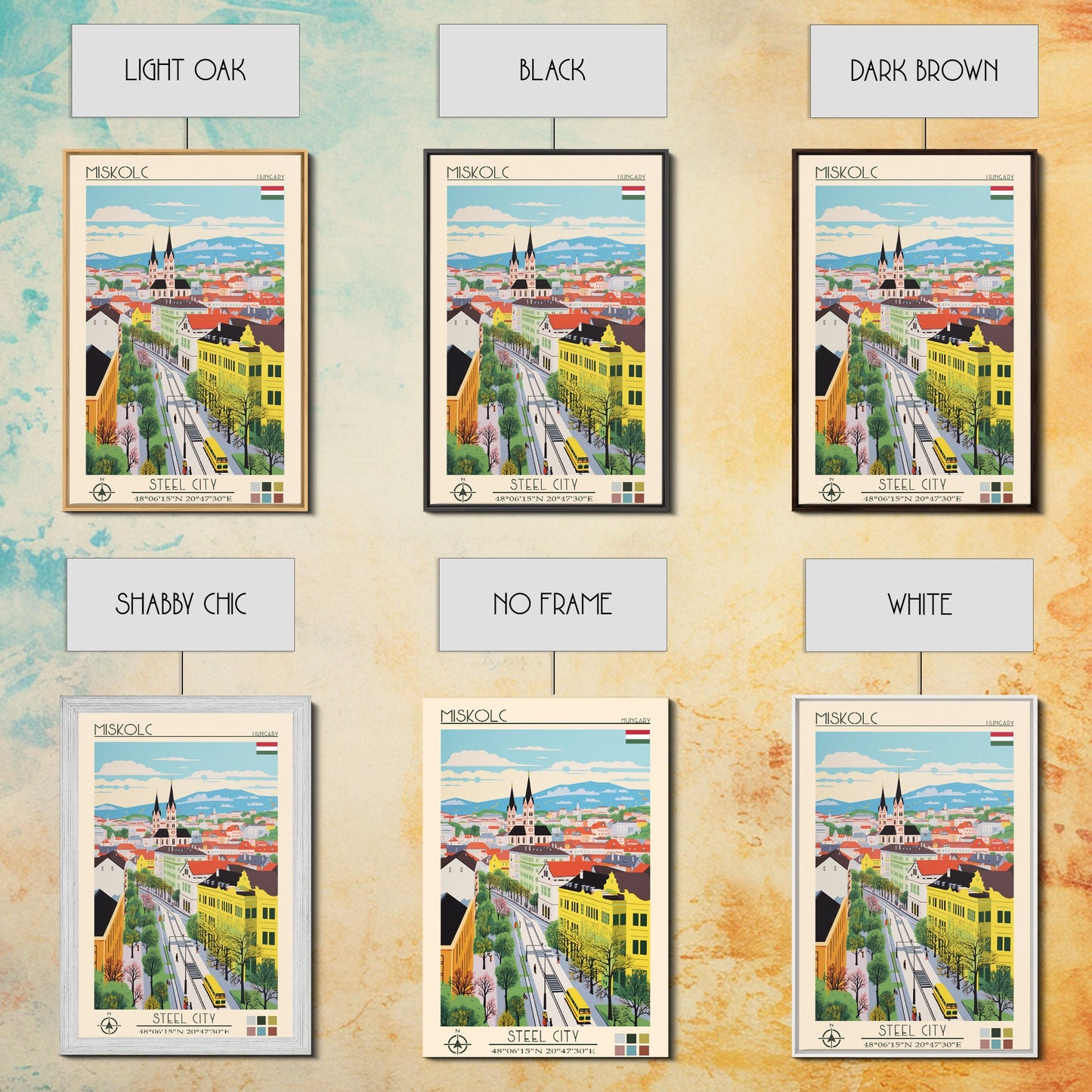 Miskolc Hungary Travel Poster Framed Canvas Print, Midcentury Modern Art, Pop Art Wall Decor, Scenic Living Room Art, Bedroom Decor