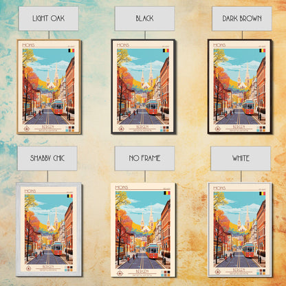 Mons Belgium Travel Poster Framed Canvas Print, Midcentury Modern Art, Pop Art Wall Decor, Home Decor, Vacation Gift, Office Art