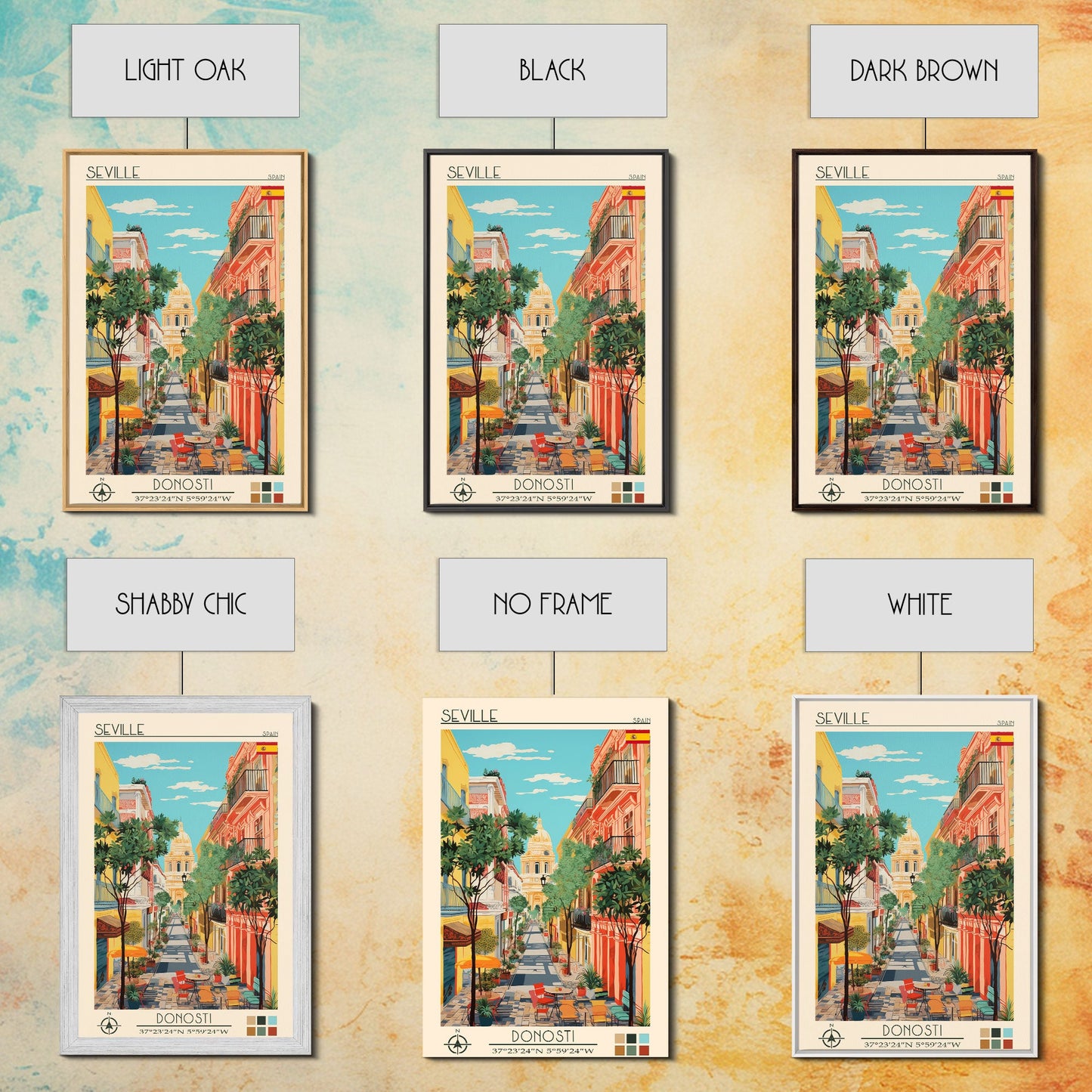 Seville Spain Travel Poster Framed Canvas Print, Midcentury Modern Art, Pop Art Wall Decor, Living Room Art, Home Decoration