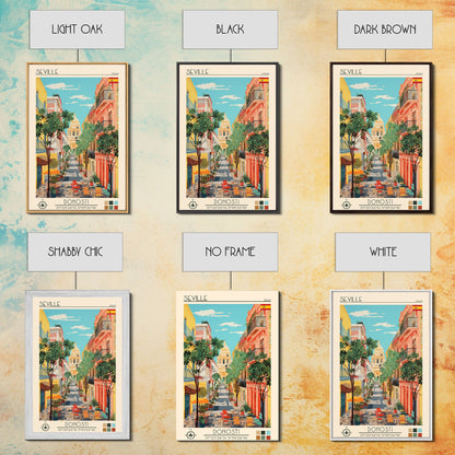 Seville Spain Travel Poster Framed Canvas Print, Midcentury Modern Art, Pop Art Wall Decor, Living Room Art, Home Decoration