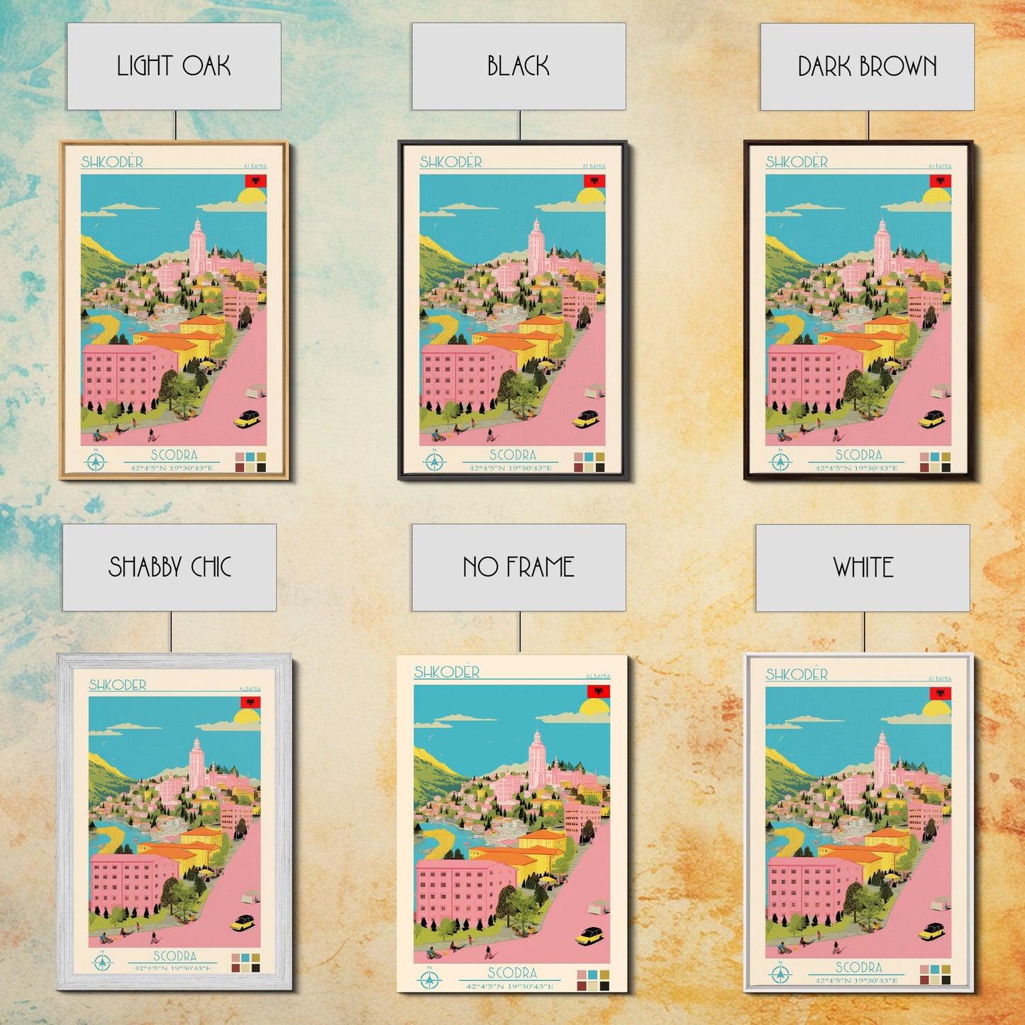 Shkodër Albania Travel Poster Framed Canvas Print, Midcentury Modern Art, Pop Art Wall Decor, Scenic Wall Art, Bedroom Decoration