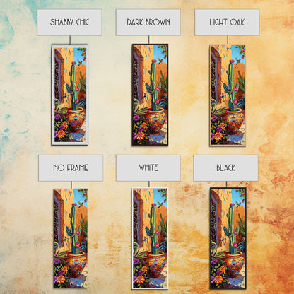 Colorful Canvas Painting of Cactus Framed, Botanical Wall Art Print, Spanish Inspired Canvas Painting, Long and Narrow Living Room Wall Art