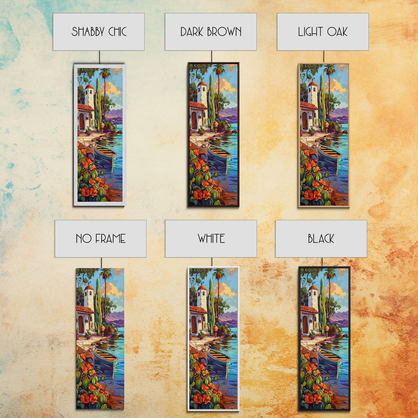 Gerahmtes Leinwandbild „Mittelmeerküste“, gerahmtes Wandbild fürs Wohnzimmer, zeitgenössische botanische Kunst, tropischer Kunstdruck auf Leinwand