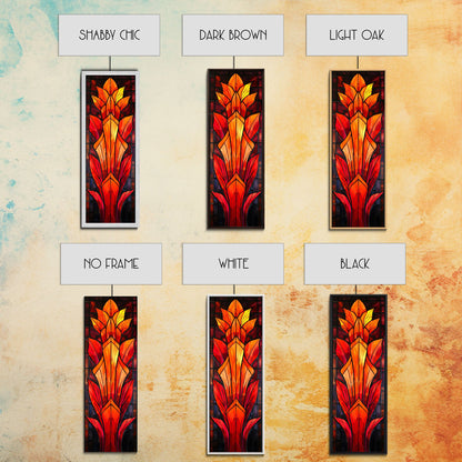 Red and Orange Floral Stained Glass Design - Framed Canvas Print, Midcentury Modern Art, Skinny Art, Tall Art, Living Room Wall Decor, Boho Art