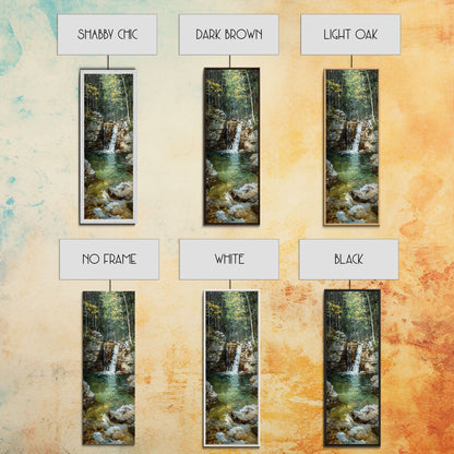 Framed Canvas Print Skinny Art of a Serene Waterfall Cascading into a Tranquil Pool in a Lush Forest Landscape, Perfect Tall Art for Nature Lovers