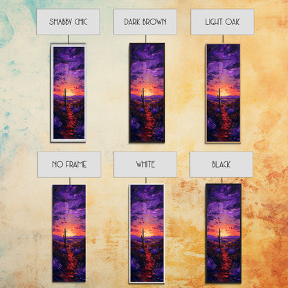 Colorful Sunset Over a Desert Landscape with a Saguaro Cactus and Dramatic Sky on a Framed Canvas Print Skinny Art Piece