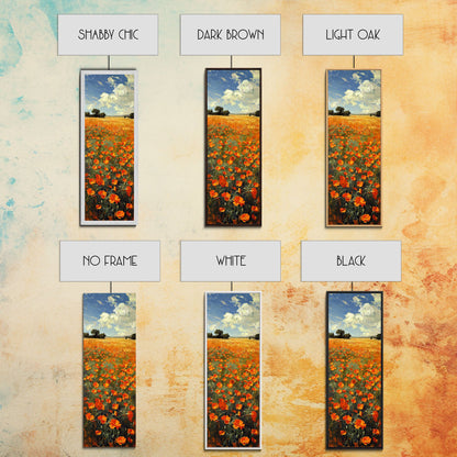 Expansive Poppy Field Under a Bright Blue Sky on a Framed Canvas Print Skinny Art Piece