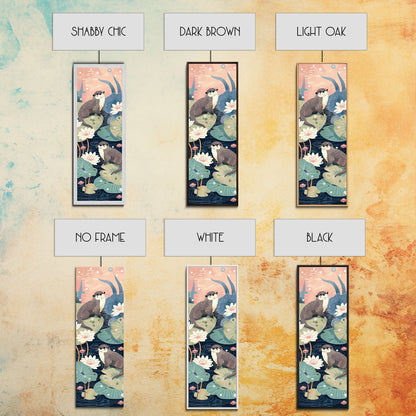 Playful Otters Amidst Lily Pads on Japanese-Inspired Tall Vertical Canvas Print Perfect for Nature-Inspired Wall Decor