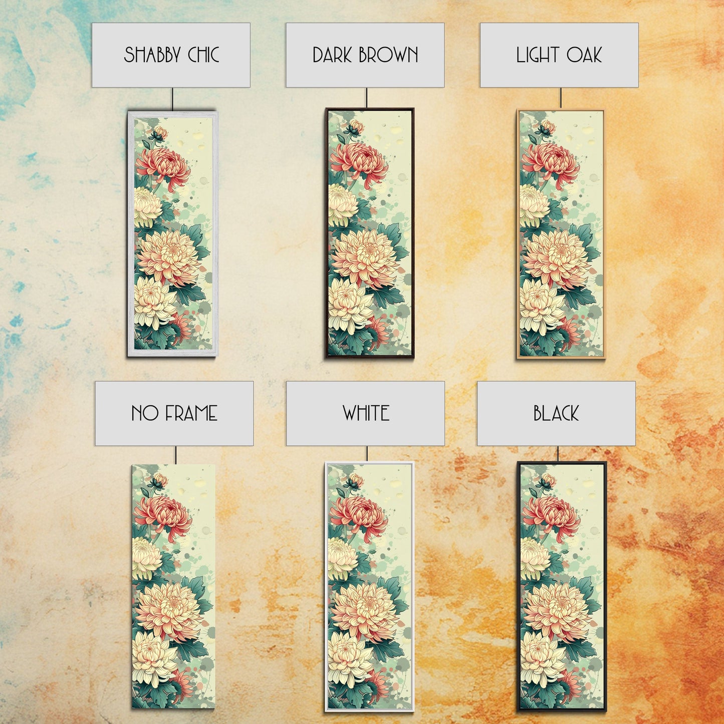 Chrysanthemums in Traditional Japanese Art, Ukiyo-e Style Framed Canvas Print Perfect for Tall and Skinny Spaces