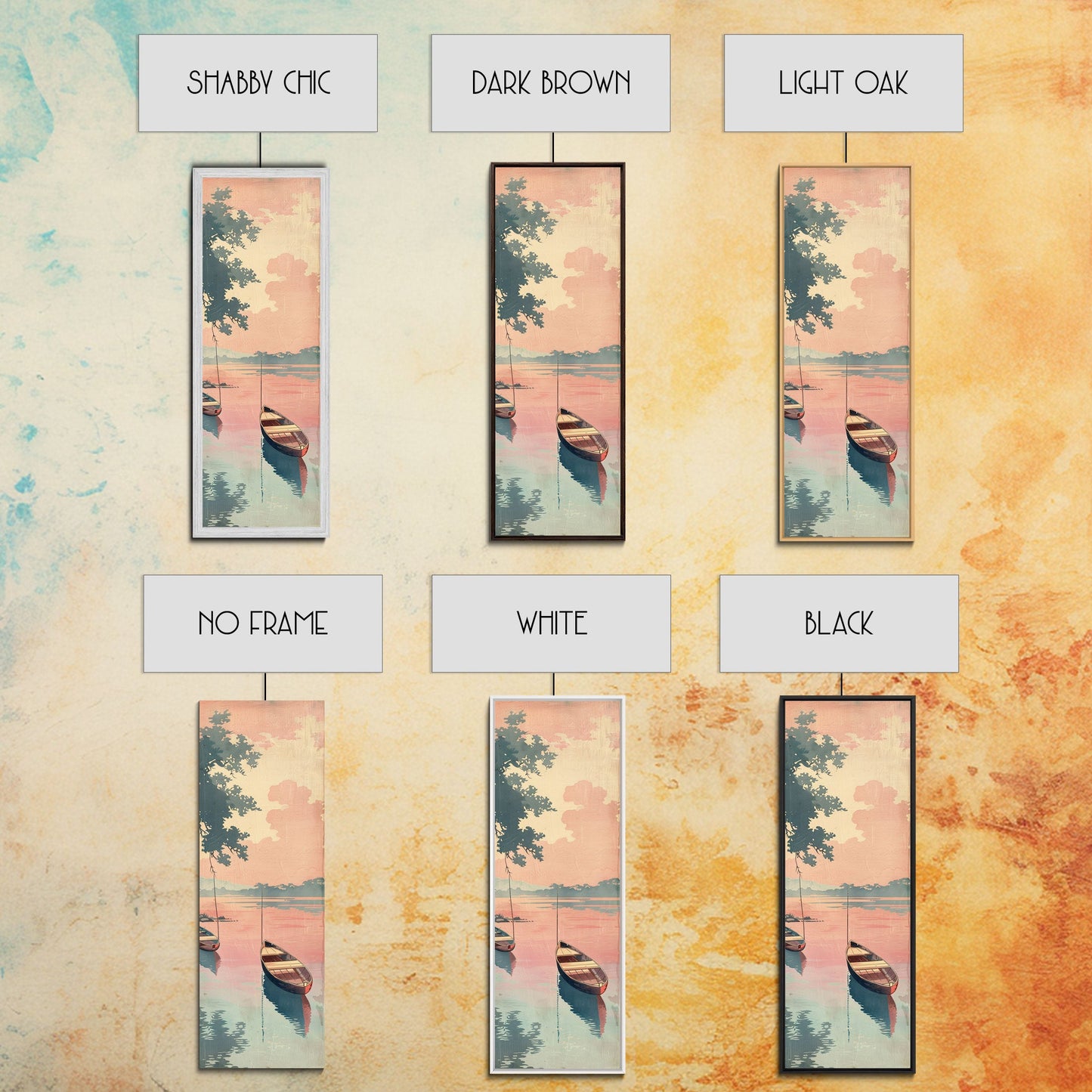 Serene Boat on Water, Autumn Trees, Japanese Art, Skinny Art, Tall Art, Framed Canvas Print, Ukiyo-e Style