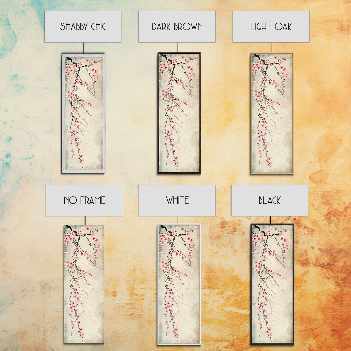 Cherry Blossoms, Full Bloom, Japanese Art, Skinny Art, Tall Art, Framed Canvas Print, Ukiyo-e Style