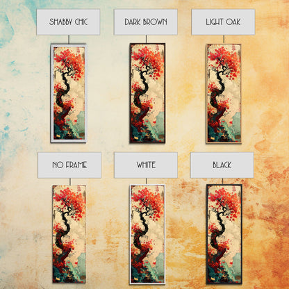 Twisted Tree with Red Maple Leaves Skinny Art Ukiyo-e Japanese Framed Canvas Print in Autumn Colors