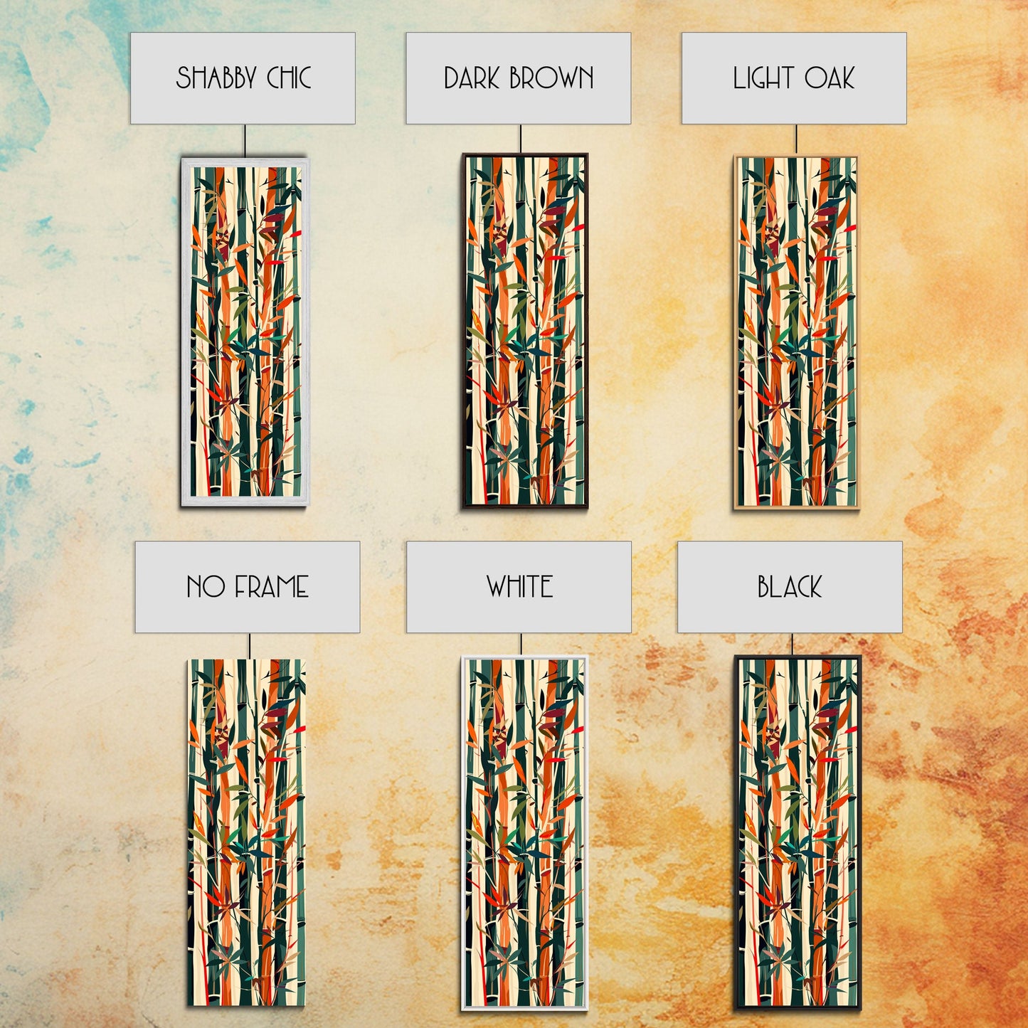 Colorful Bamboo Forest Skinny Art Ukiyo-e Tall Framed Canvas Print in Bright Autumn Hues