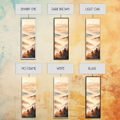 Skinny Art Tall Art Framed Canvas Print Layers Of Misty Mountains In Soft Warm Hues Ukiyo-e Japanese Style Art Wood Block Print