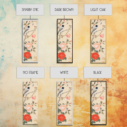 Bird On Branch With Red Peonies And Green Leaves Tall Art Skinny Art Framed Canvas Print Japanese Style Art Ukiyo-e Wood Block Print