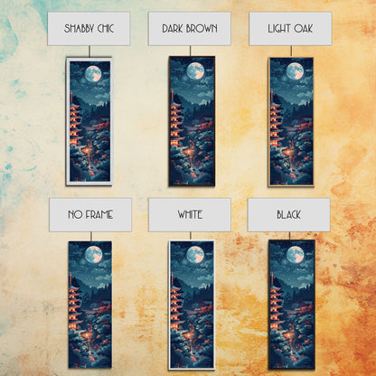 Peaceful Japanese Temple And Pagoda Under A Full Moon, Skinny Art Tall Wall Art Framed Canvas Print Japanese Style Art