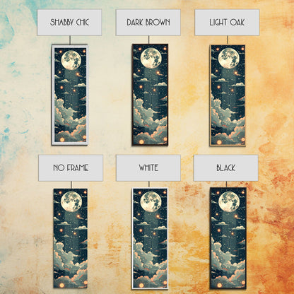 Moonlit Night With Japanese Lanterns Art On Framed Canvas Print In Ukiyo-e Style Tall Skinny Ethereal Wood Block Wall Decor