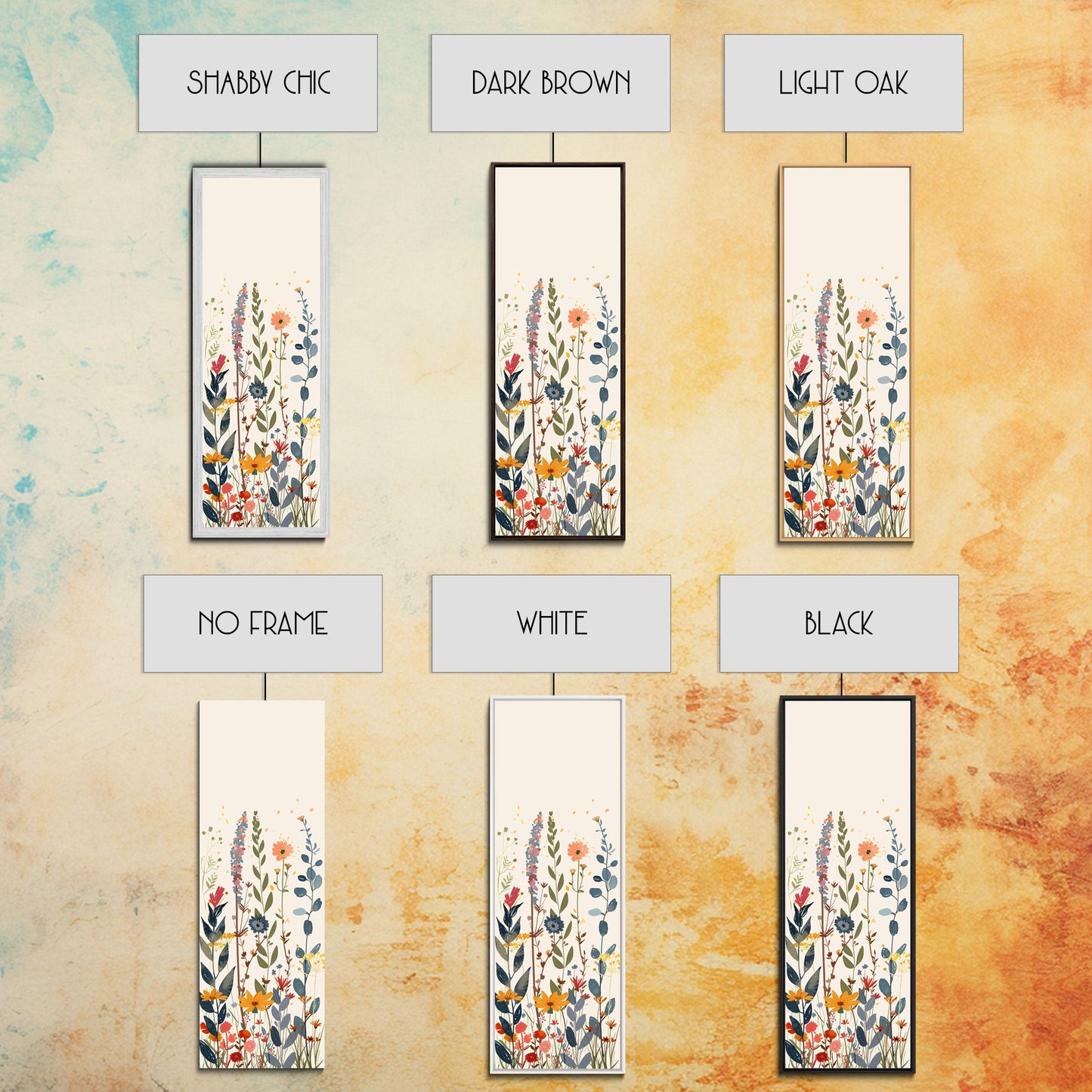 Colorful Wildflowers Whimsical Arrangement Set Against Light Background Tall Framed Canvas Print Brightening Any Space