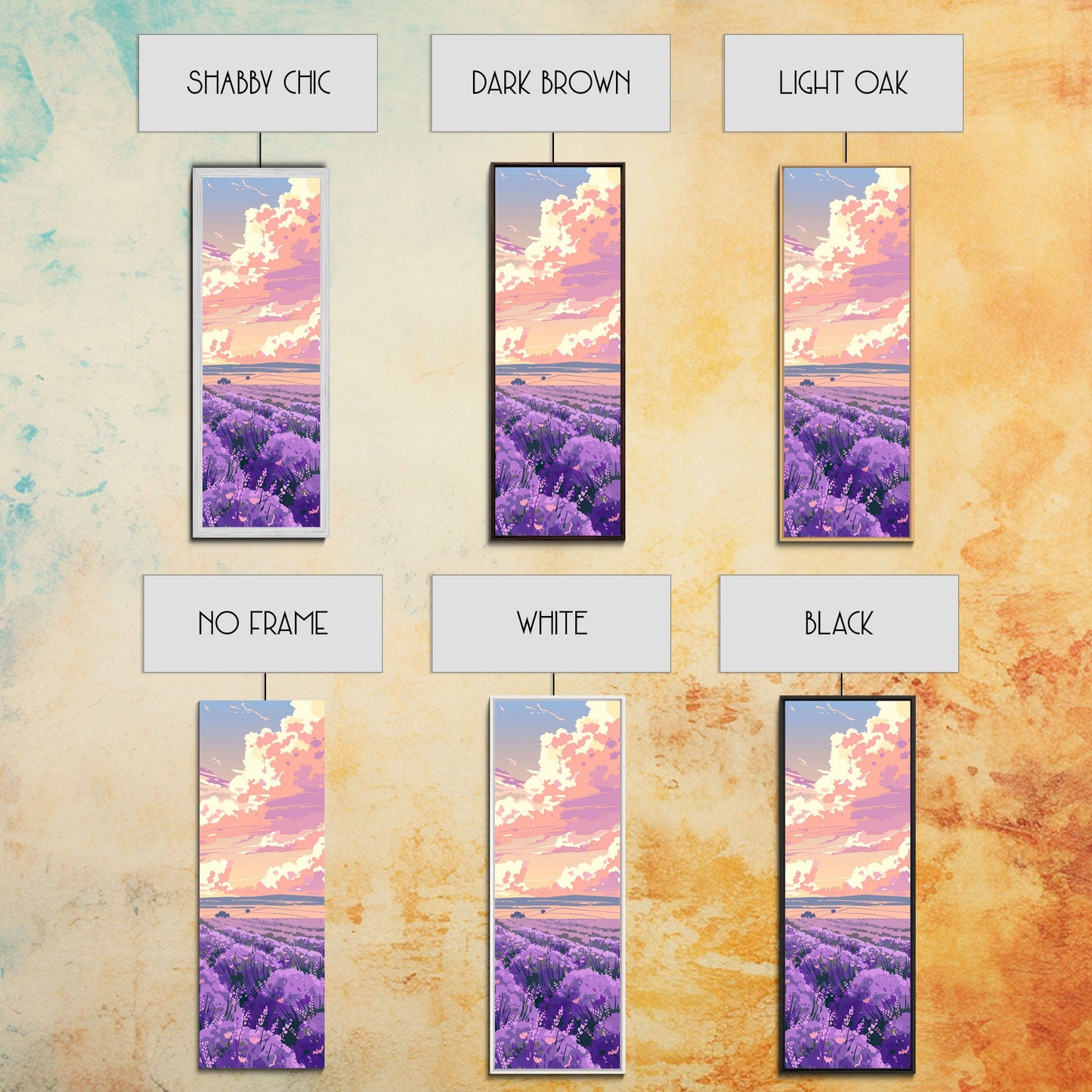 Expansive Lavender Field Beneath a Dramatic Cloudy Sky in Warm Pastel Hues Ukiyo-e Art Japanese Framed Canvas Print Skinny Tall Art