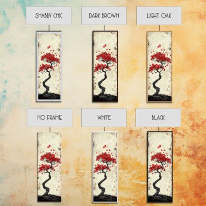 Red Maple Bonsai Tree Japanese Art Skinny Wall Art Framed Canvas Print with Windswept Branches and Red Leaves