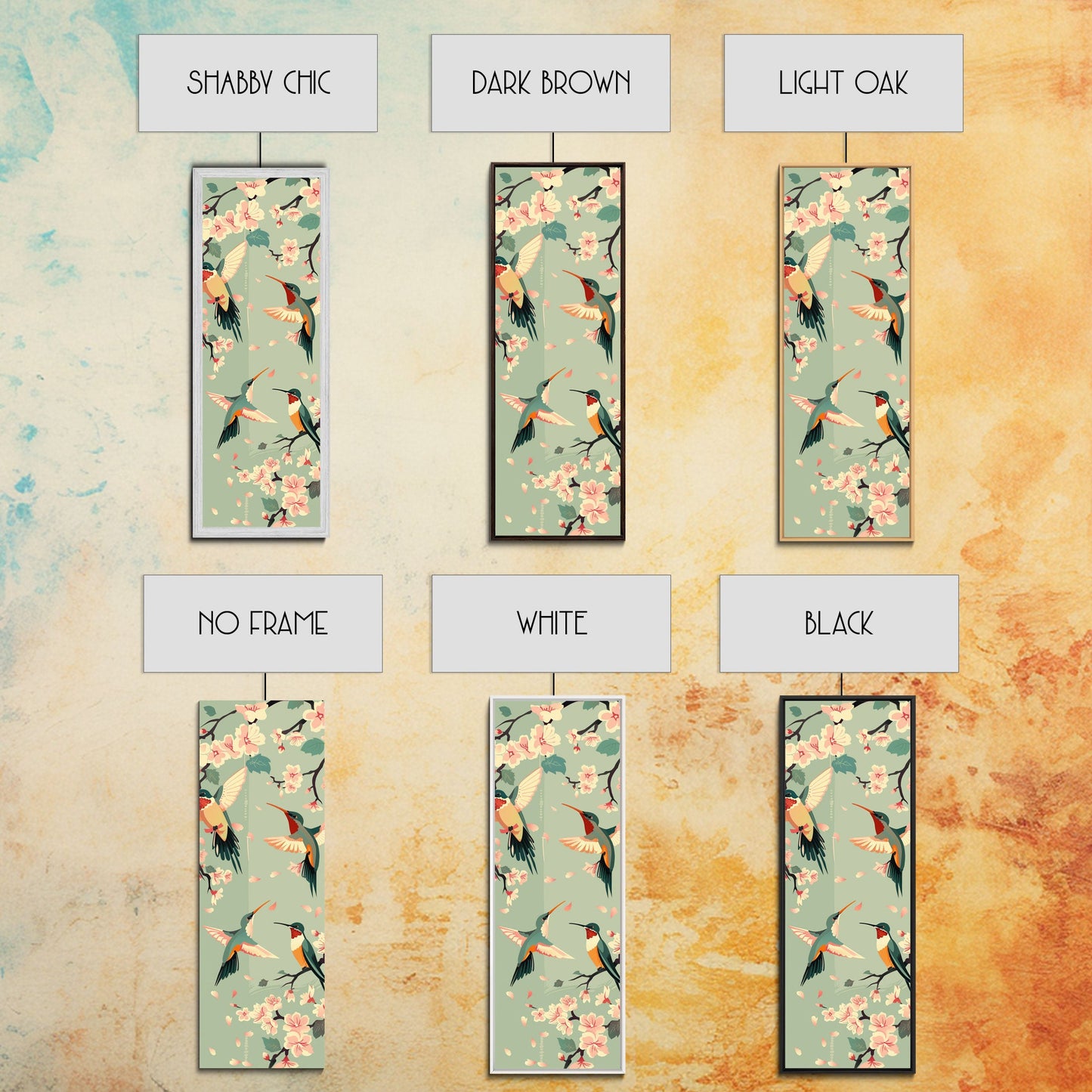 Hummingbirds And Cherry Blossoms In Japanese Style Canvas, Ukiyo-e Inspired Woodblock Art, Framed Canvas Print, Japanese Tall Skinny Wall Art, Ready To Hang