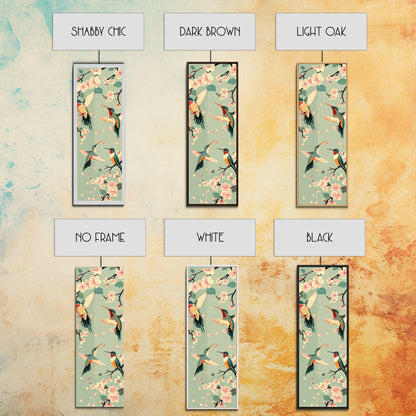 Hummingbirds And Cherry Blossoms In Japanese Style Canvas, Ukiyo-e Inspired Woodblock Art, Framed Canvas Print, Japanese Tall Skinny Wall Art, Ready To Hang