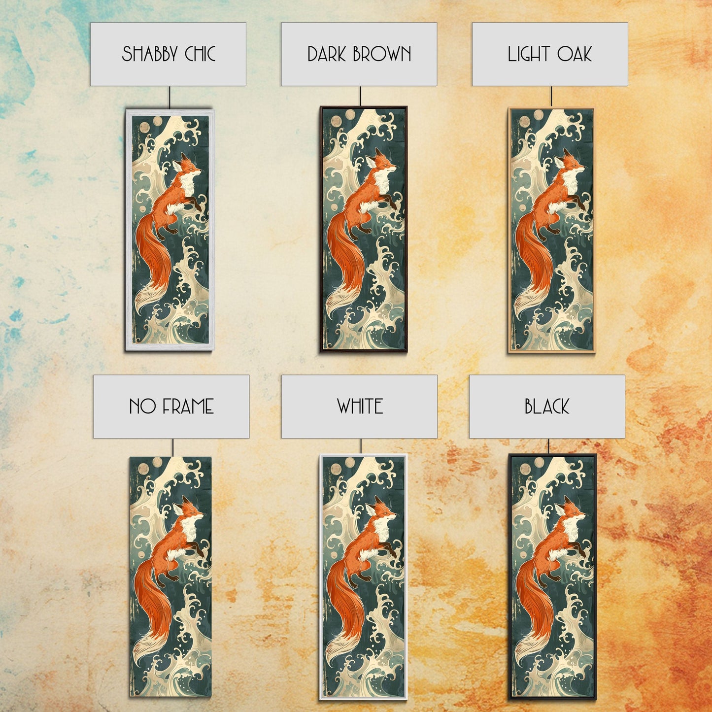 Japanese Style Art Depicting A Fox In Motion Against A Backdrop Of Foamy Waves, Skinny Art, Tall Art, Ukiyo-e Art, Framed Canvas Print, Wood Block Print