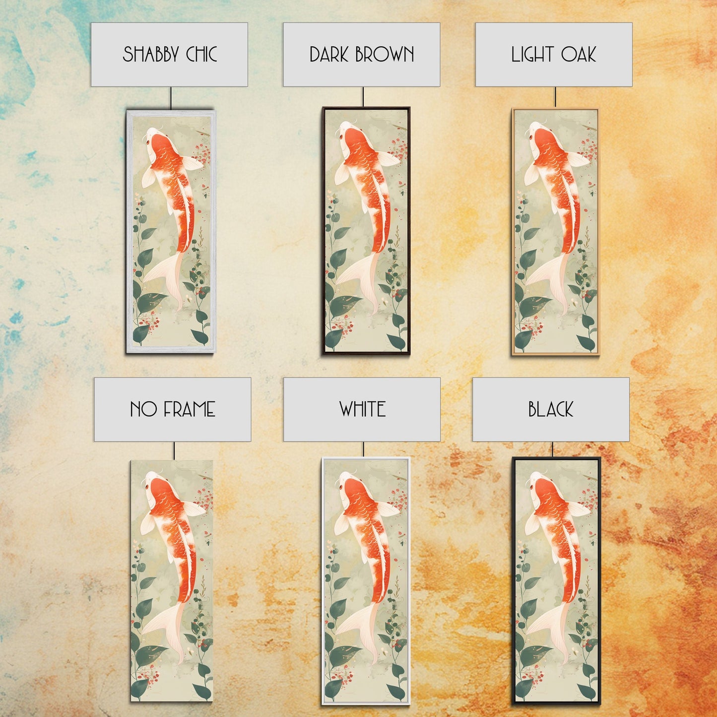 Koi Fish Swimming Gracefully Among Greenery Tall Art Ukiyo-e Art Framed Canvas Print