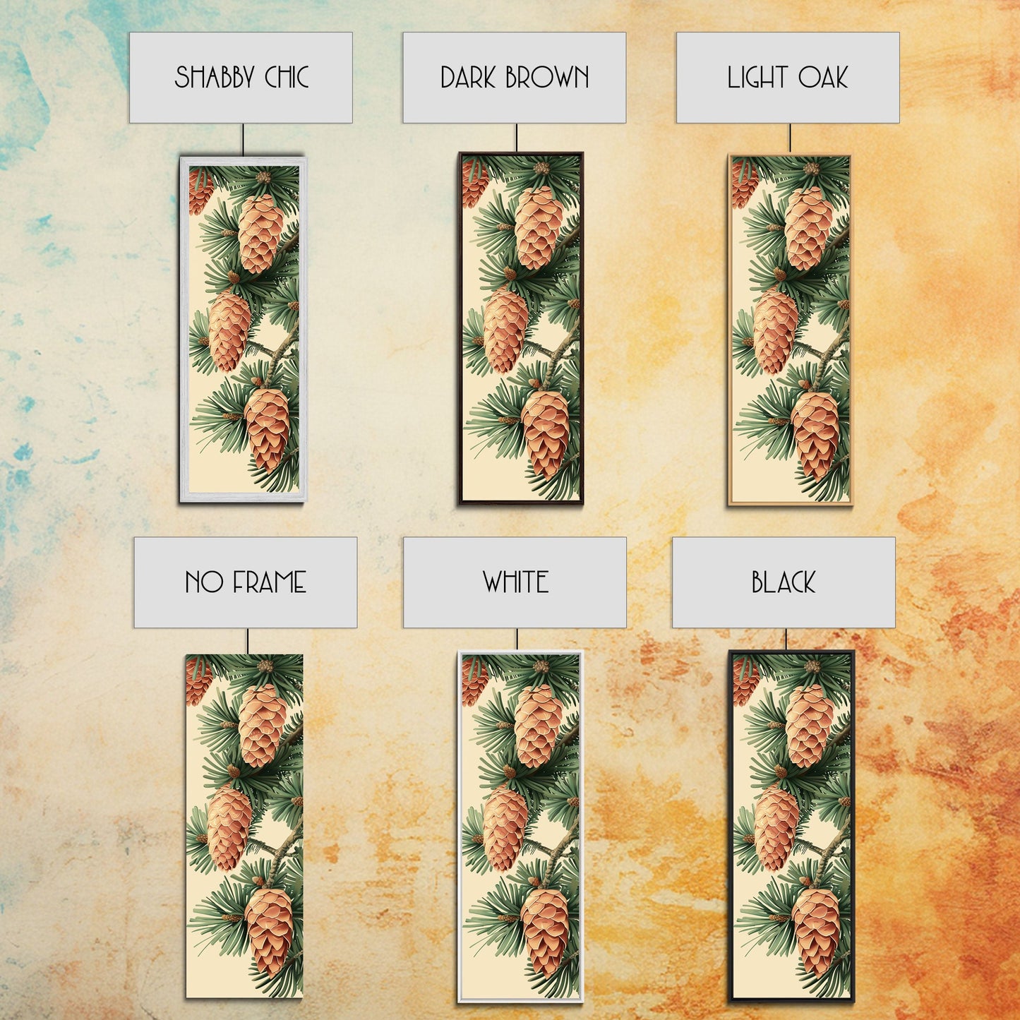 Pinecones And Green Pine Needles Detailed Wood Block Print Skinny Art Framed Canvas Print