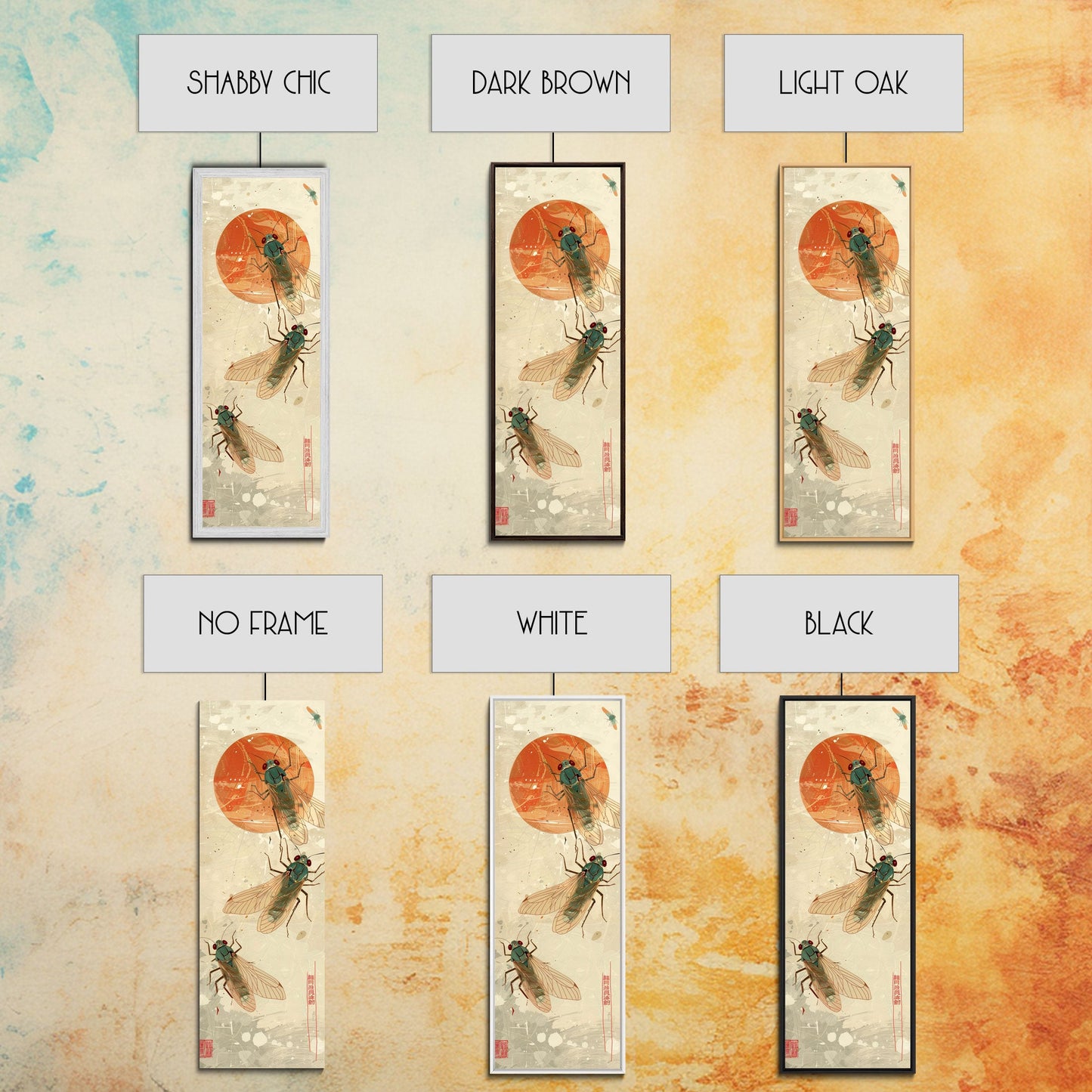 Detailed Depiction Of Cicadas Against Warm Sunset Background Ukiyo-e Skinny Tall Wood Block Framed Canvas Print Japanese Style Art