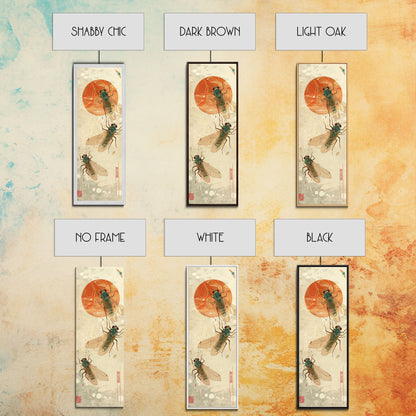 Detailed Depiction Of Cicadas Against Warm Sunset Background Ukiyo-e Skinny Tall Wood Block Framed Canvas Print Japanese Style Art