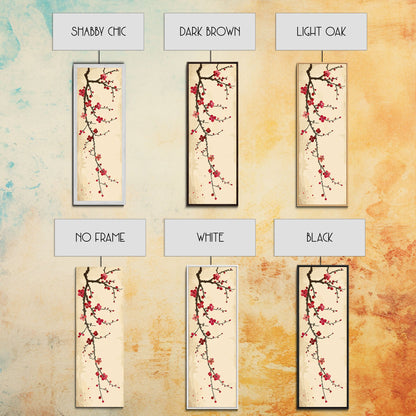 Minimalist Branch Of Red Cherry Blossoms Against Beige Background For Asian-Inspired Wall Art Decor Framed Canvas Print